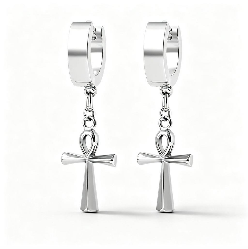 Ankh Cross Dangle Huggie Hoop Earrings