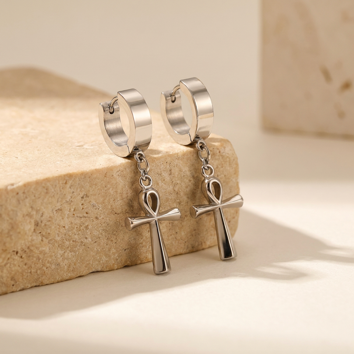 Ankh Cross Dangle Huggie Hoop Earrings