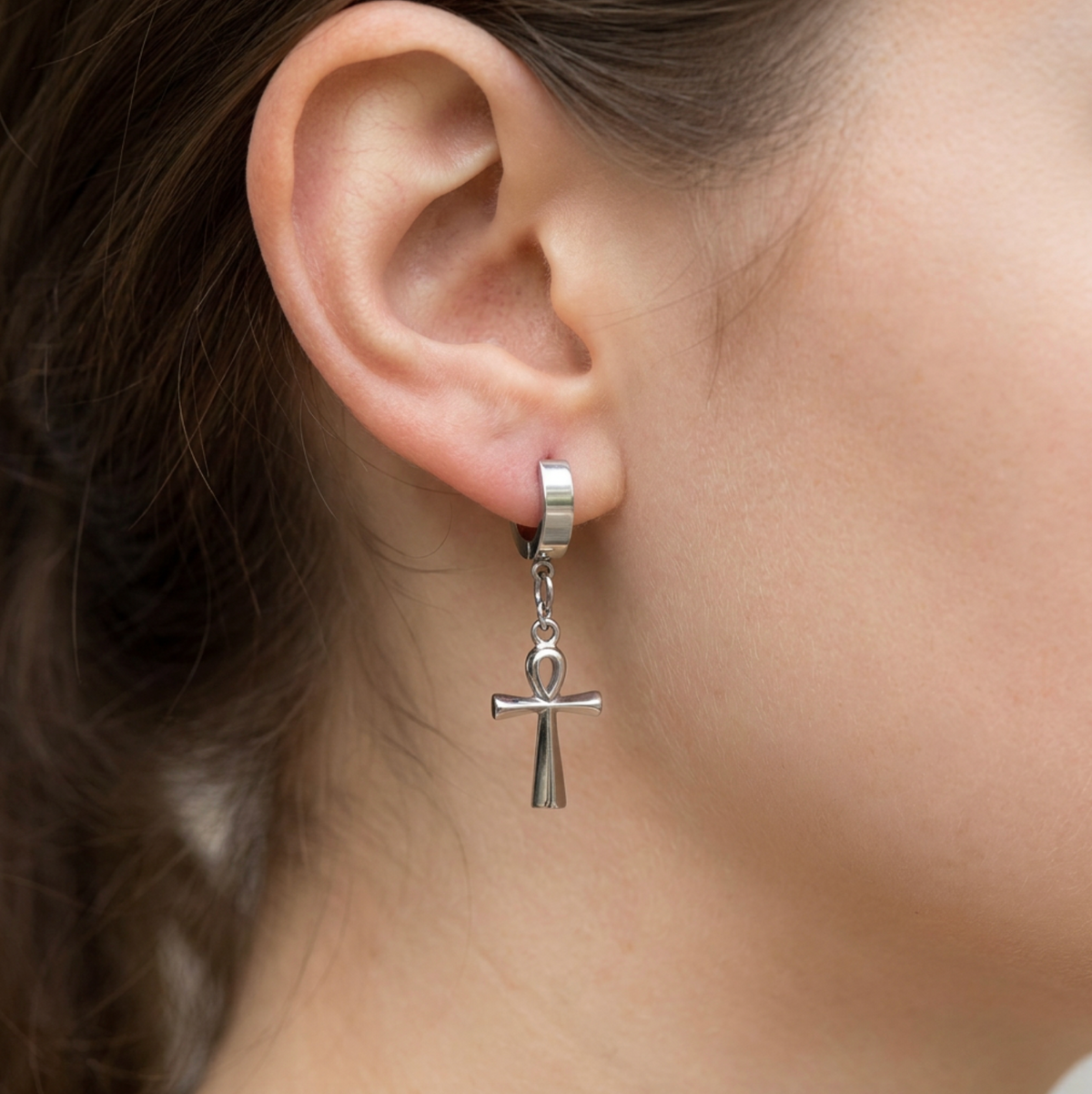 Ankh Cross Dangle Huggie Hoop Earrings