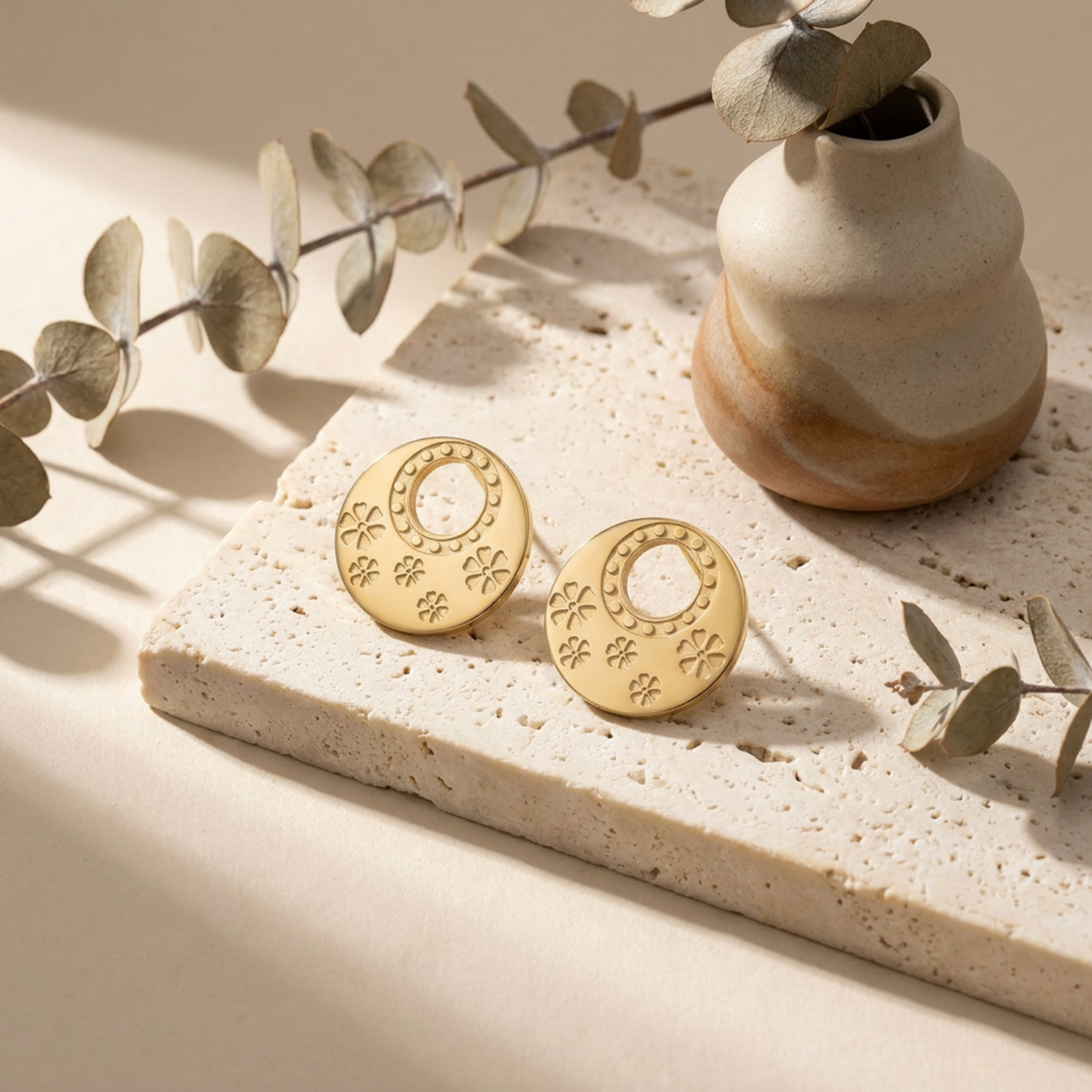 18K Gold-Plated Embossed Flower Earrings